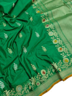Green Banarasi Handloom Pure Katan Silk Kadwa Meenakari Saree - Luxurion World