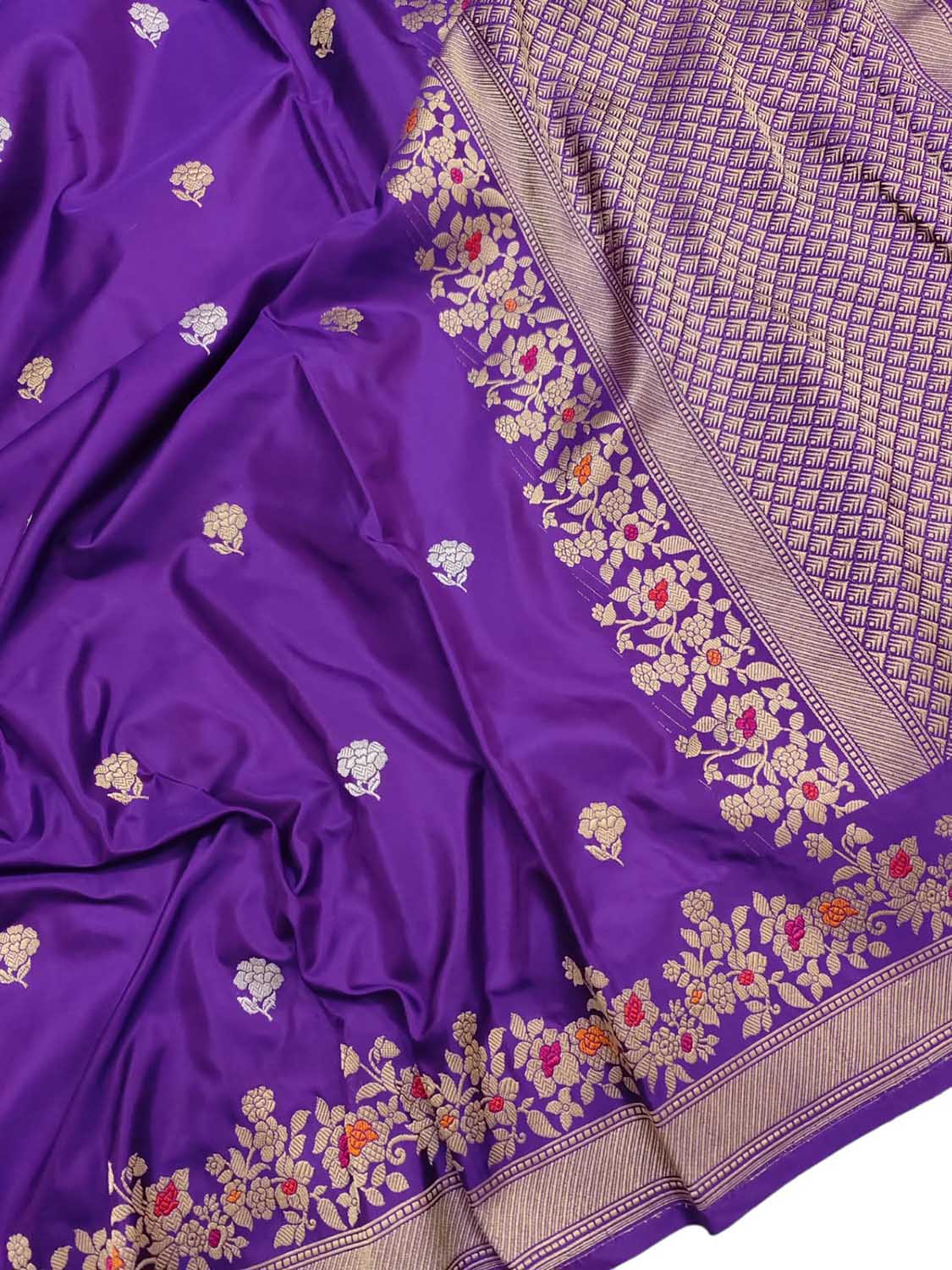 Purple Banarasi Handloom Pure Katan Silk Kadwa Meenakari Saree - Luxurion World