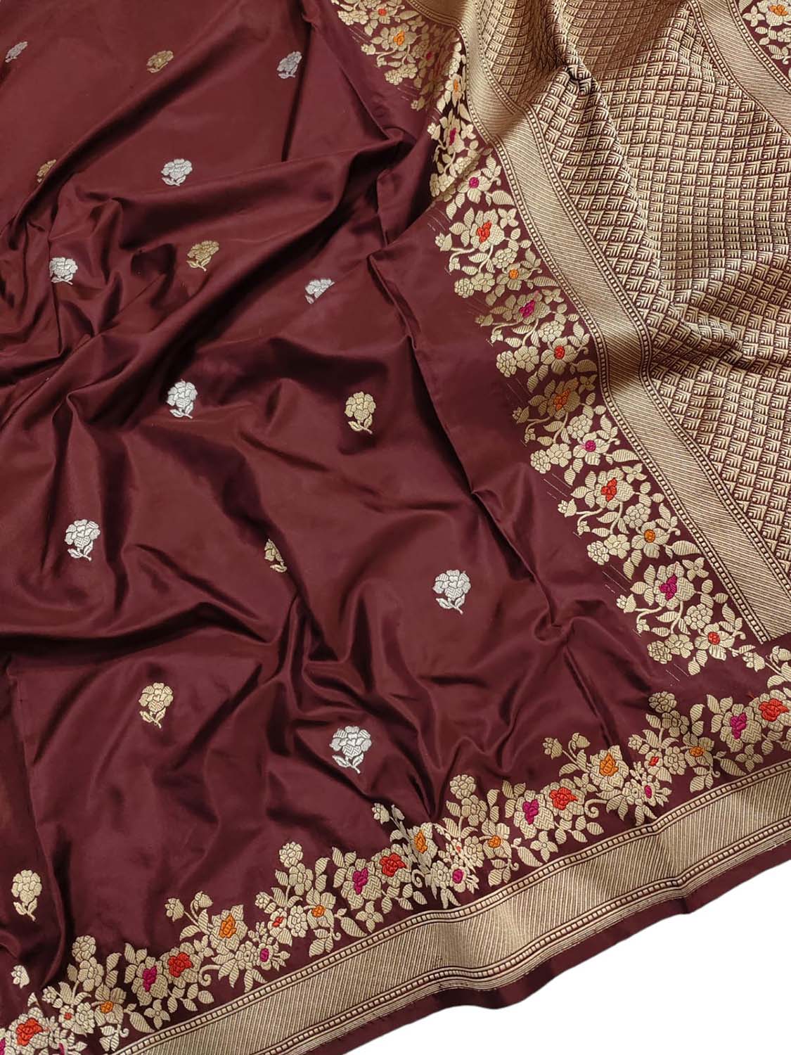 Brown Banarasi Handloom Pure Katan Silk Kadwa Meenakari Saree - Luxurion World