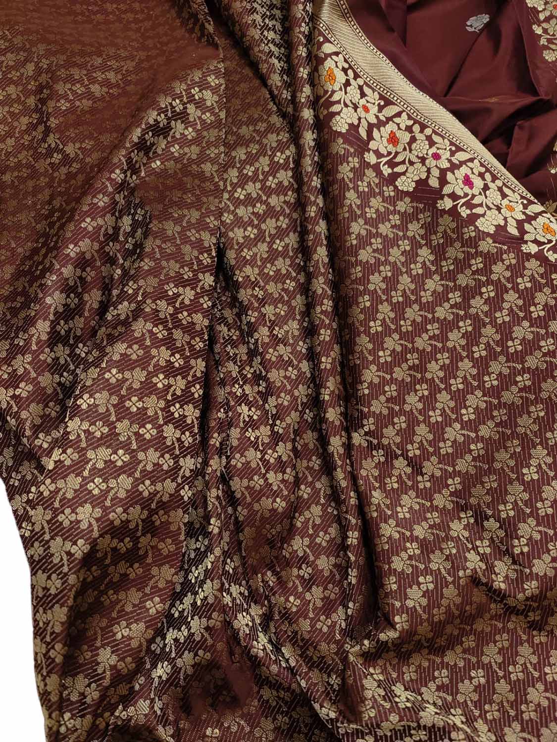 Brown Banarasi Handloom Pure Katan Silk Kadwa Meenakari Saree - Luxurion World