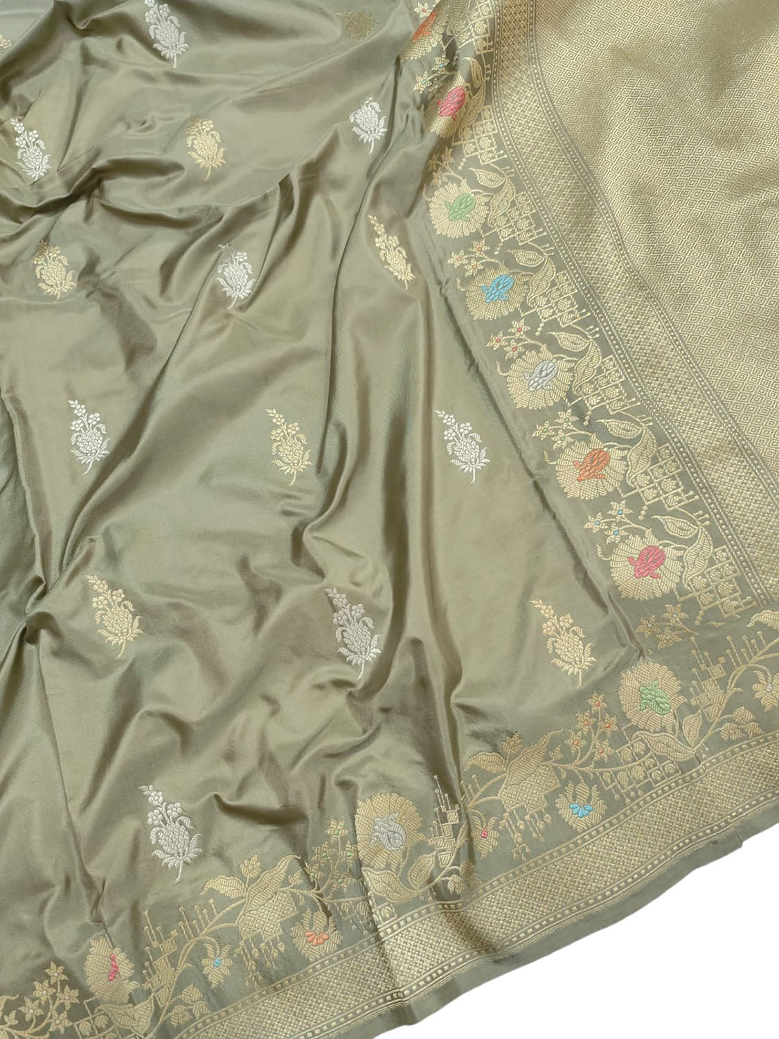 Grey Banarasi Handloom Pure Katan Silk Kadwa Meenakari Saree - Luxurion World