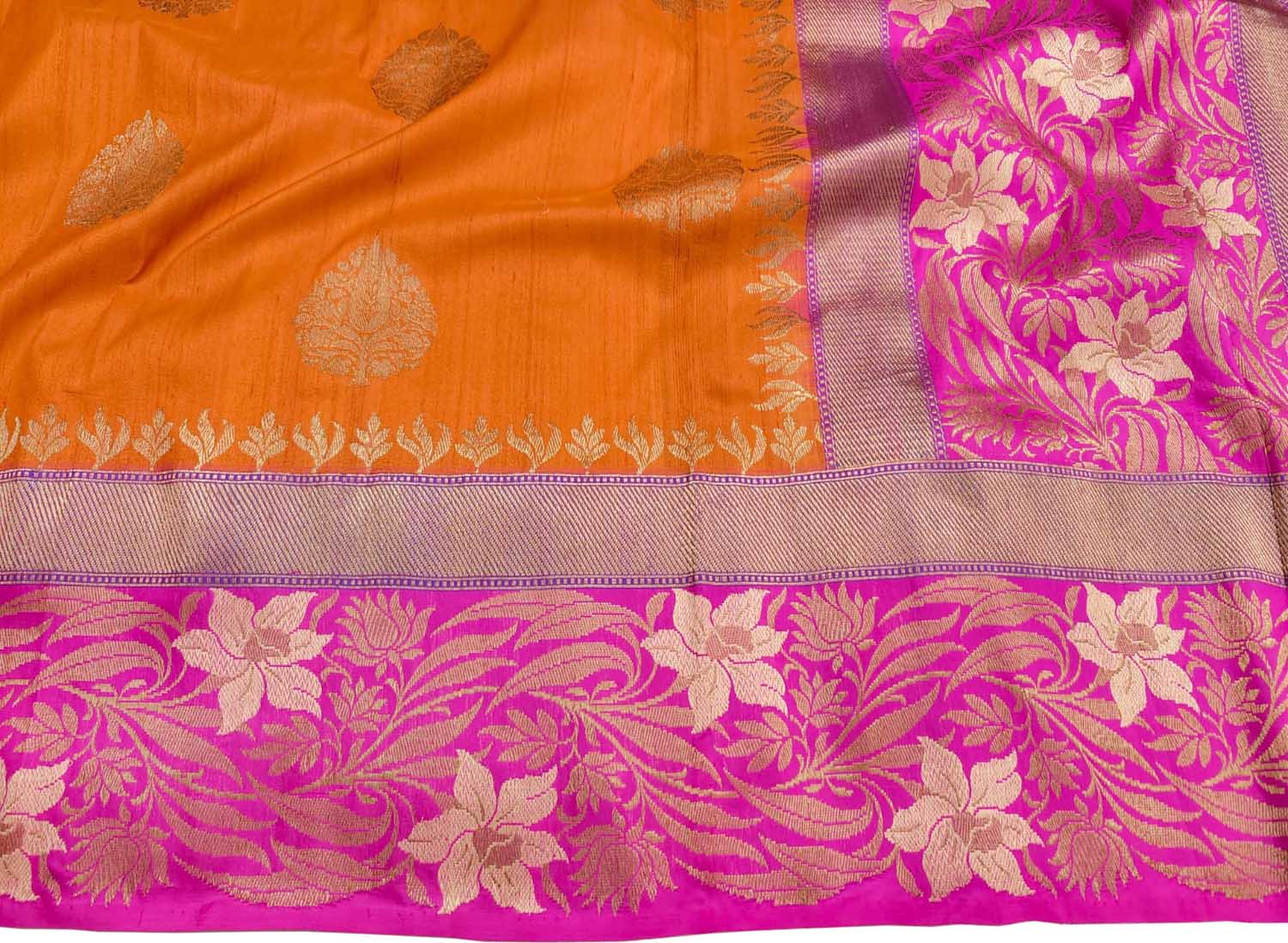 Orange Banarasi Handloom Pure Tussar Dupion Silk Saree - Luxurion World