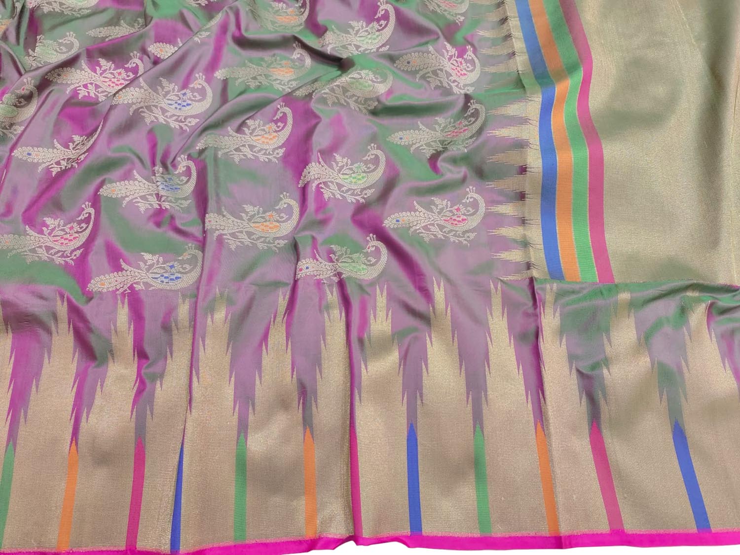 Purple And Green Shot Banarasi Handloom Pure Katan Silk Saree - Luxurion World