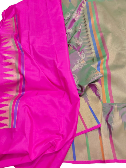 Purple And Green Shot Banarasi Handloom Pure Katan Silk Saree - Luxurion World