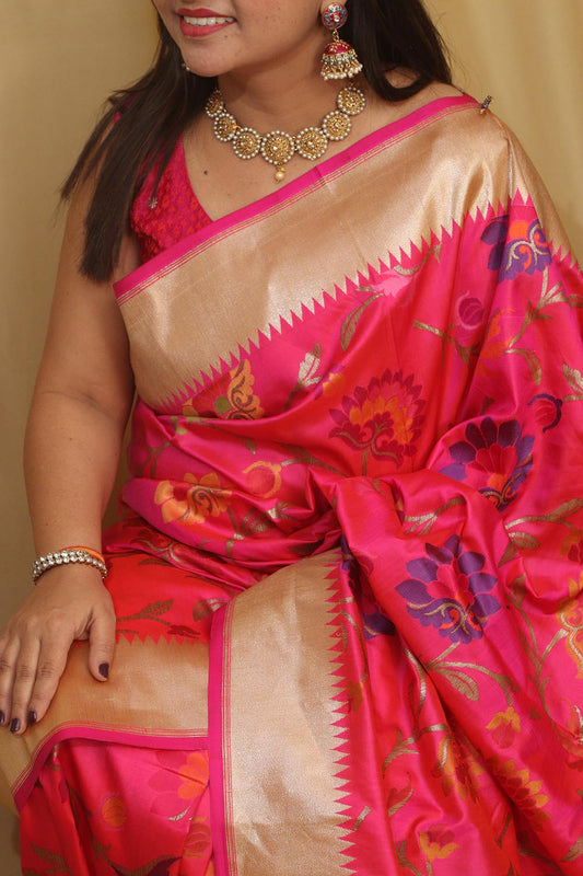 Elegant Pink Banarasi Handloom Pure Katan Silk Meenakari Saree - Luxurion World