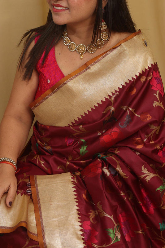 Exquisite Wine Banarasi Handloom Pure Katan Silk Meenakari Saree - Luxurion World