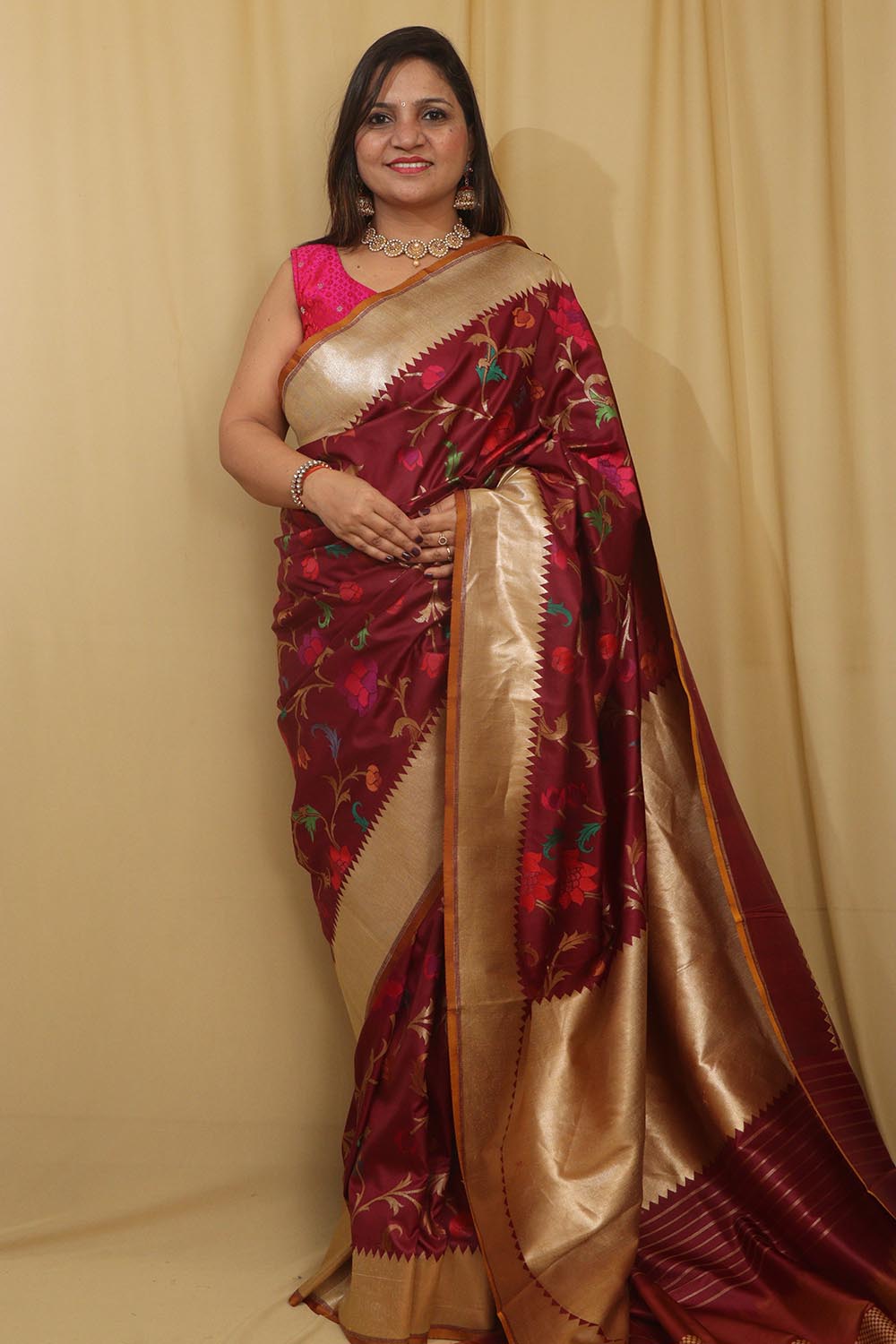 Exquisite Wine Banarasi Handloom Pure Katan Silk Meenakari Saree - Luxurion World