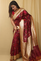 Exquisite Wine Banarasi Handloom Pure Katan Silk Meenakari Saree - Luxurion World