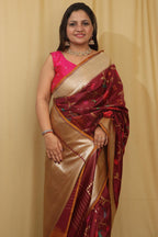 Exquisite Wine Banarasi Handloom Pure Katan Silk Meenakari Saree - Luxurion World