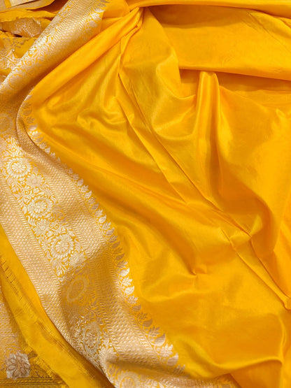 Yellow Banarasi Handloom Pure Katan Silk Saree - Luxurion World