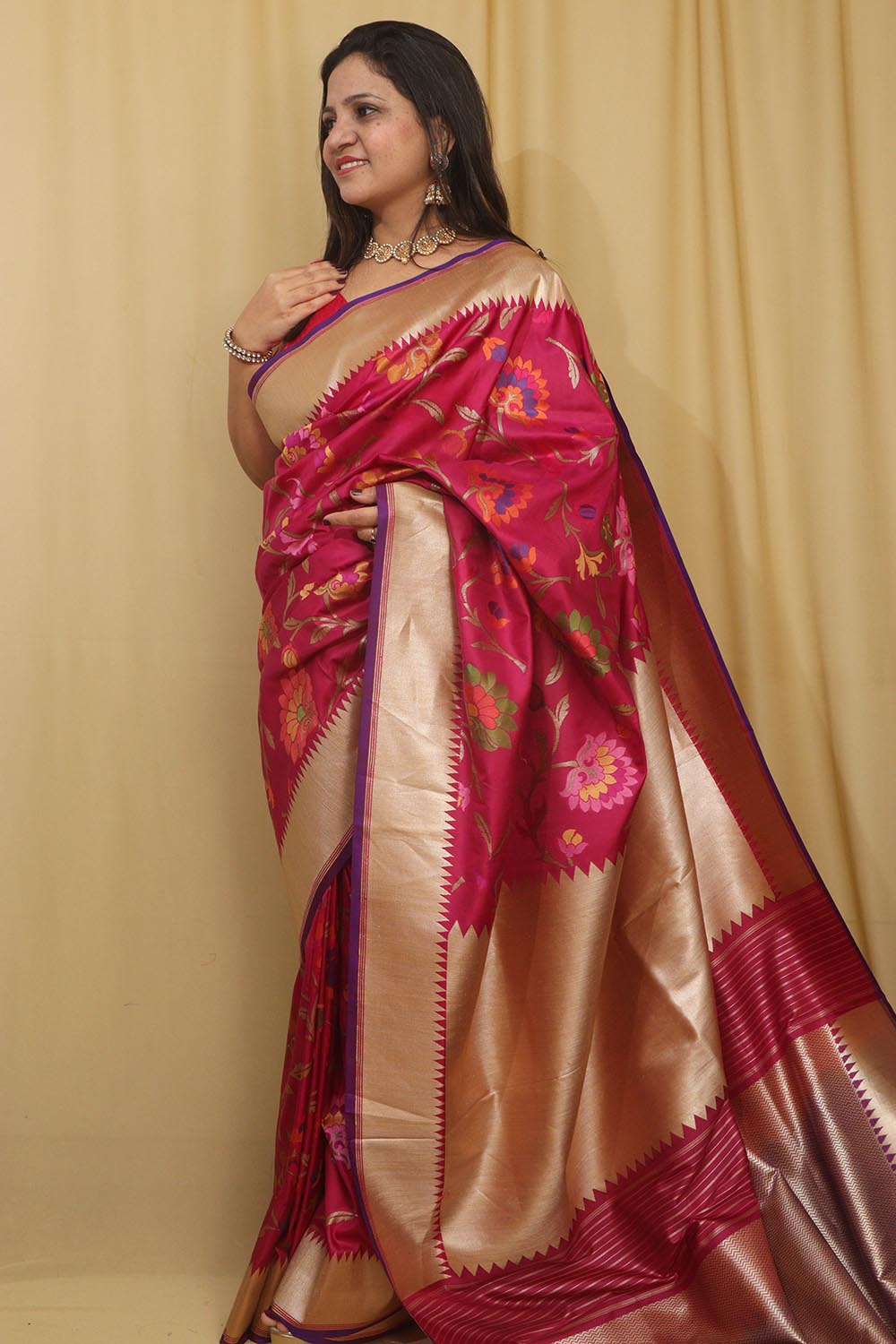 Exquisite Pink Banarasi Handloom Pure Katan Silk Meenakari Saree - Luxurion World