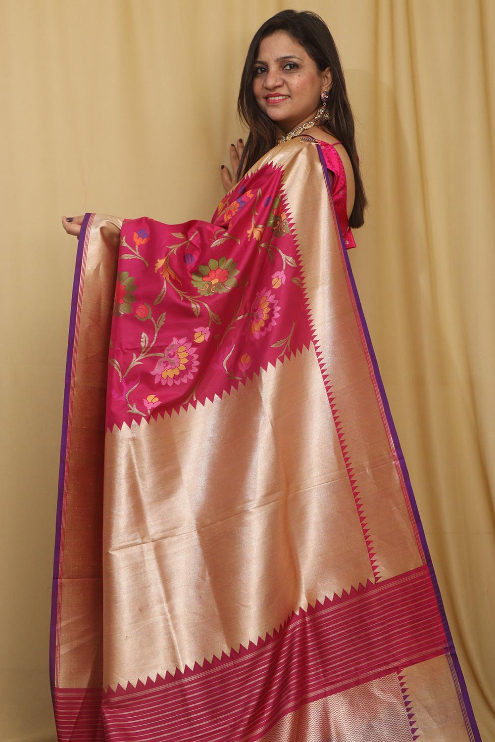 Exquisite Pink Banarasi Handloom Pure Katan Silk Meenakari Saree - Luxurion World