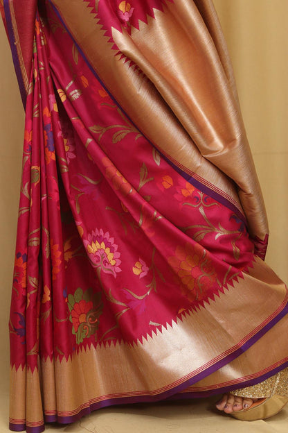 Exquisite Pink Banarasi Handloom Pure Katan Silk Meenakari Saree - Luxurion World