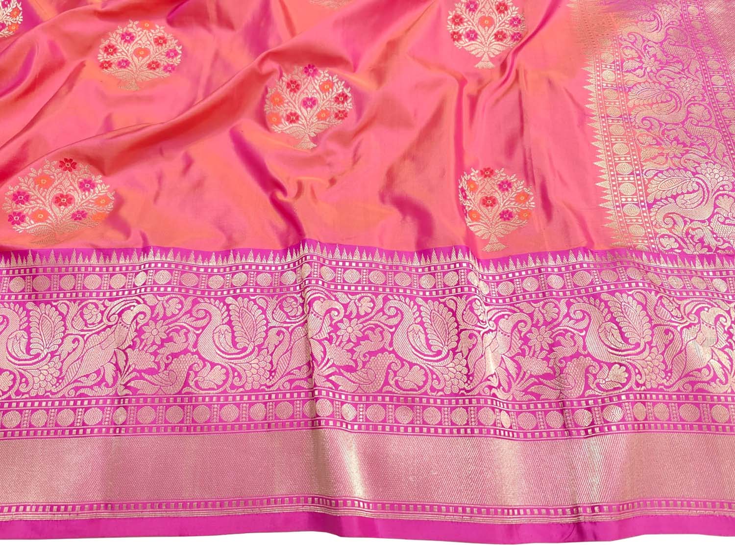 Pink And Orange Banarasi Handloom Pure Katan Silk Saree - Luxurion World