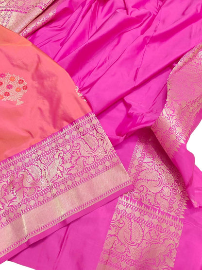 Pink And Orange Banarasi Handloom Pure Katan Silk Saree - Luxurion World