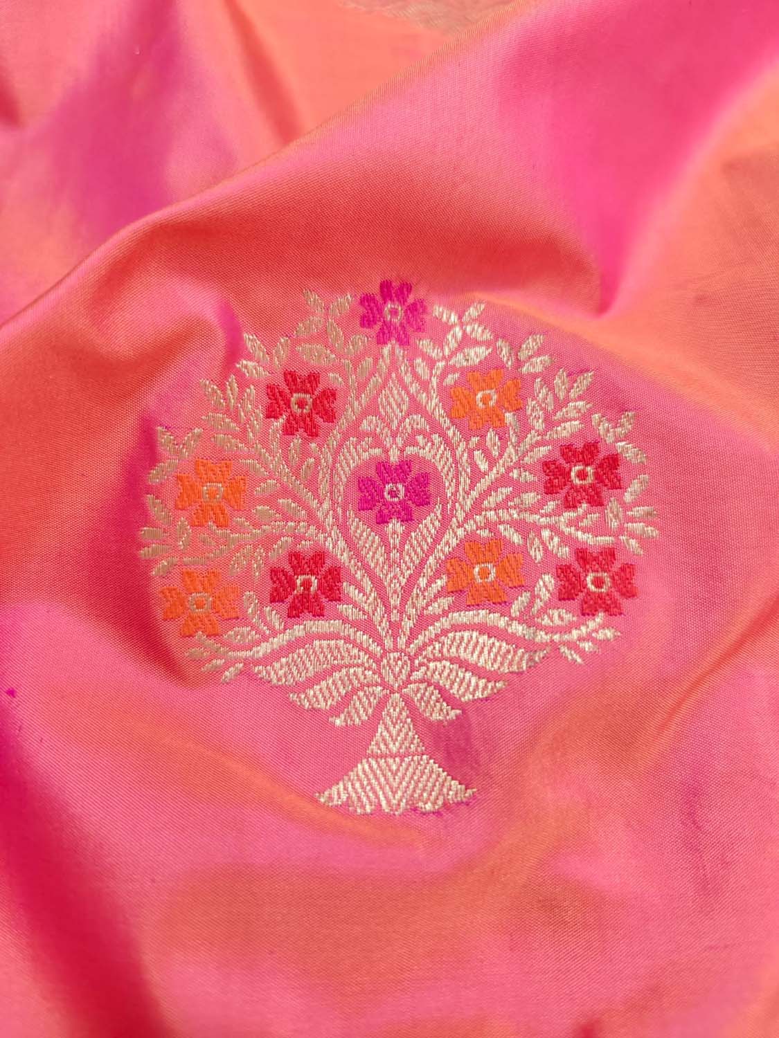 Pink And Orange Banarasi Handloom Pure Katan Silk Saree - Luxurion World