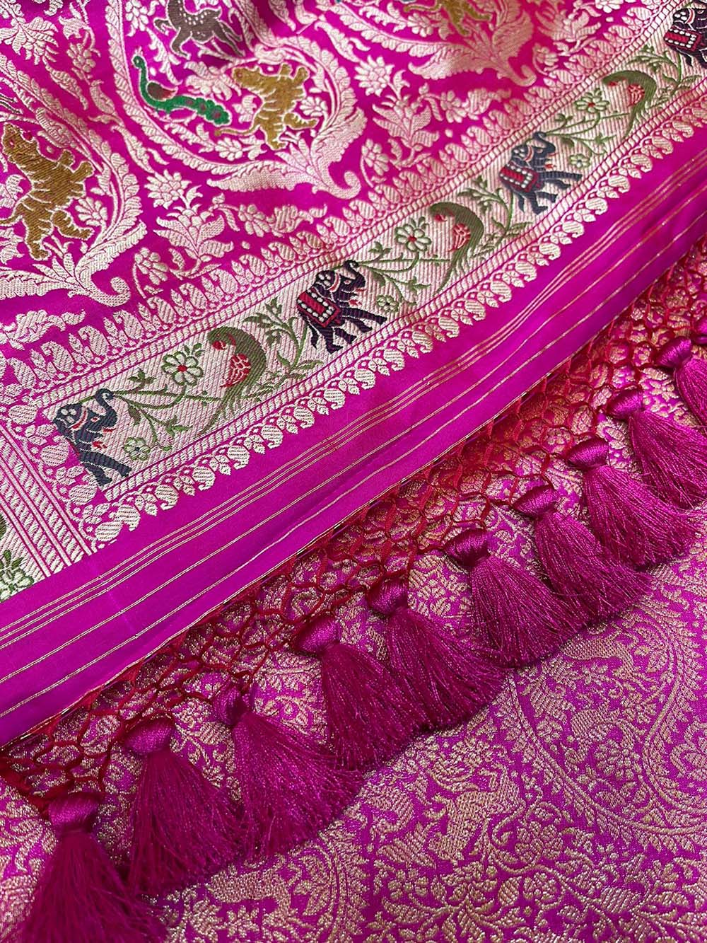 Pink Banarasi Handloom Pure Katan Silk Shikargah Design Saree - Luxurion World
