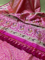 Pink Banarasi Handloom Pure Katan Silk Shikargah Design Saree - Luxurion World