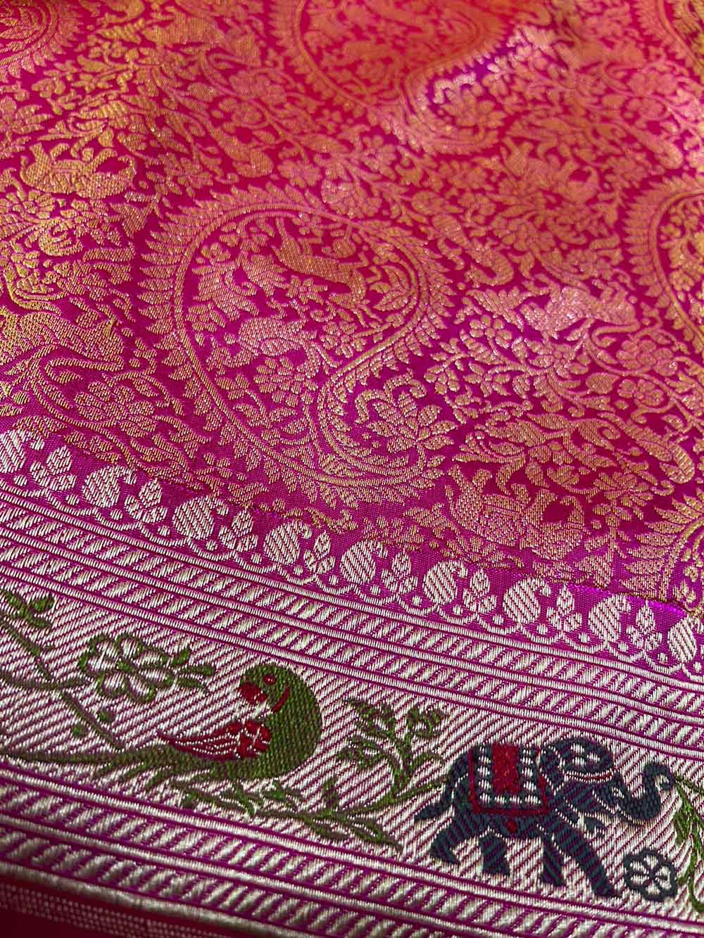 Pink Banarasi Handloom Pure Katan Silk Shikargah Design Saree - Luxurion World