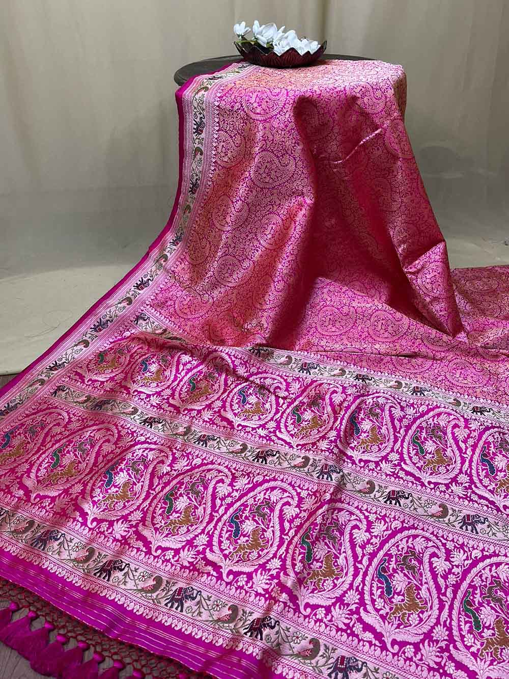 Pink Banarasi Handloom Pure Katan Silk Shikargah Design Saree - Luxurion World
