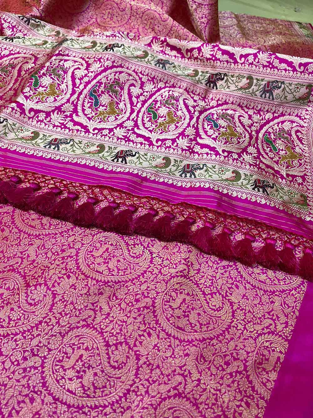 Pink Banarasi Handloom Pure Katan Silk Shikargah Design Saree - Luxurion World