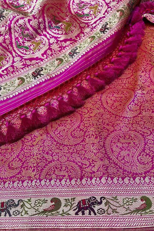 Pink Banarasi Handloom Pure Katan Silk Shikargah Design Saree - Luxurion World