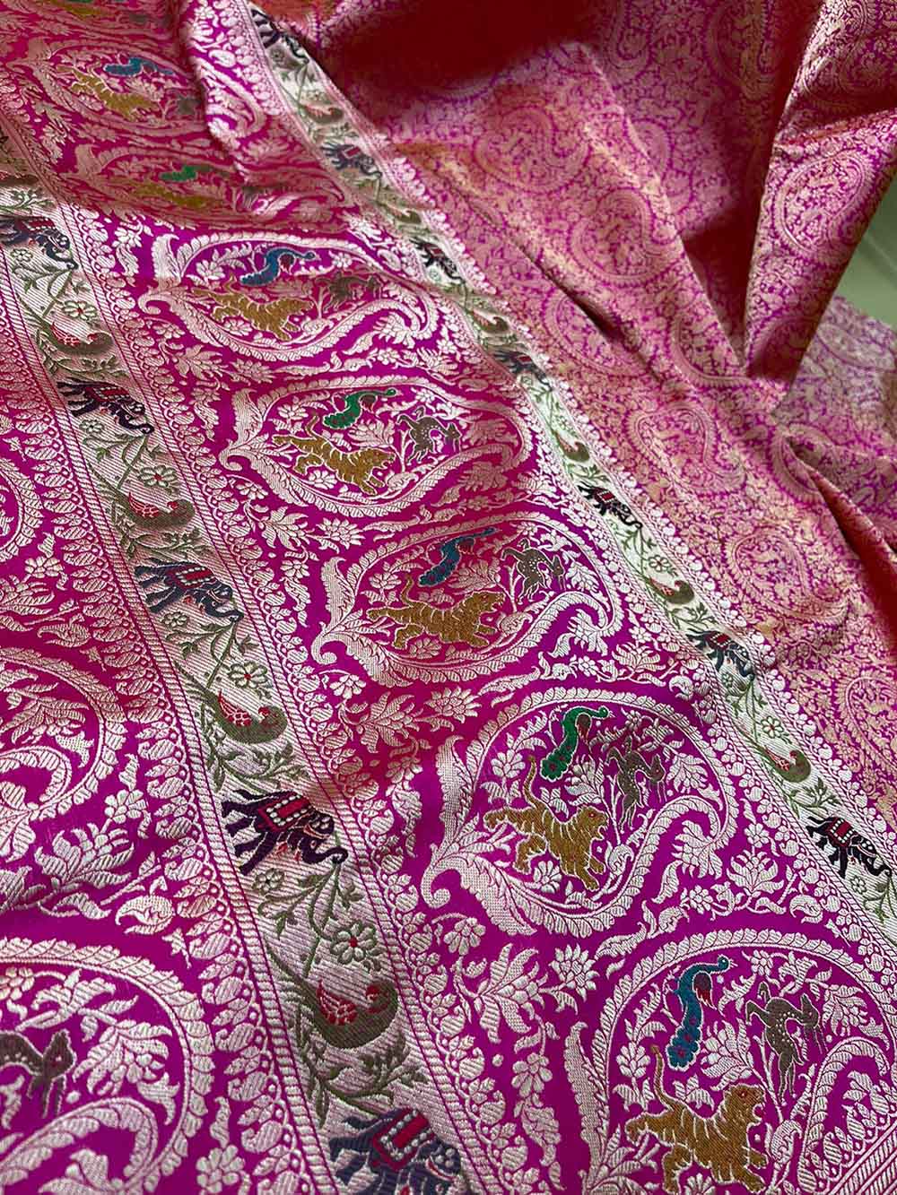 Pink Banarasi Handloom Pure Katan Silk Shikargah Design Saree - Luxurion World