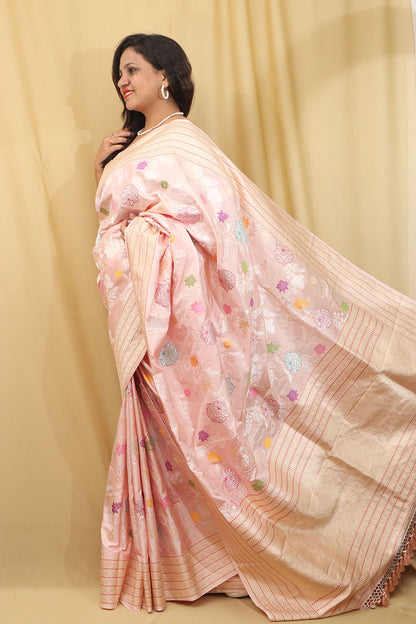 Exquisite Pink Banarasi Handloom Pure Katan Silk Saree - Luxurion World