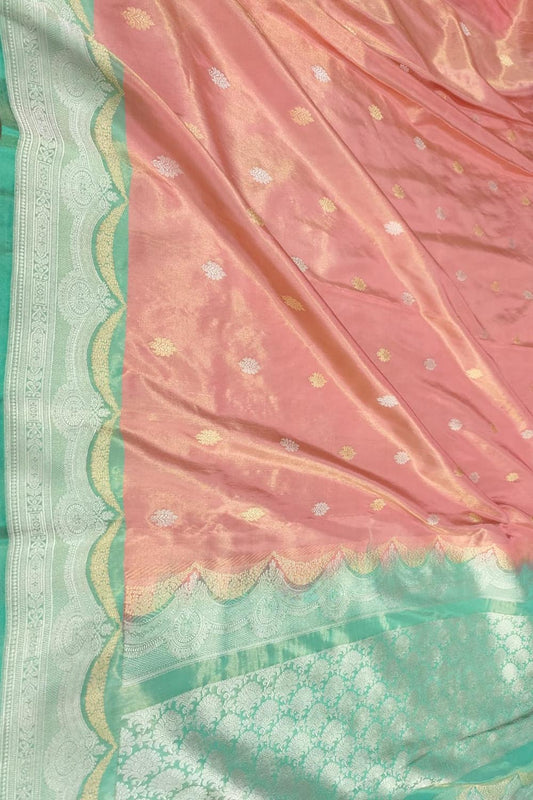 Exquisite Pink Handloom Banarasi Pure Tissue Silk Saree With Meenakari Border