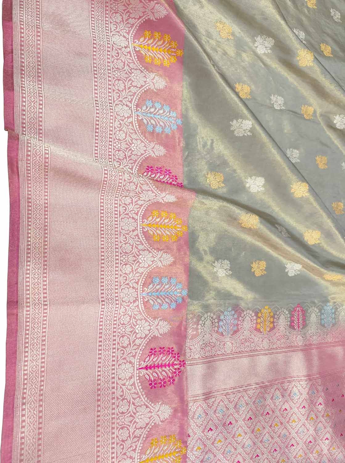 Elegant Grey Handloom Banarasi Pure Tissue Silk Saree With Meenakari Border - Luxurion World