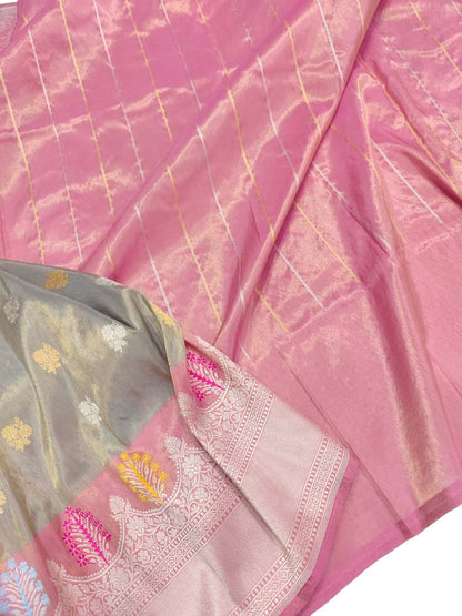 Elegant Grey Handloom Banarasi Pure Tissue Silk Saree With Meenakari Border - Luxurion World