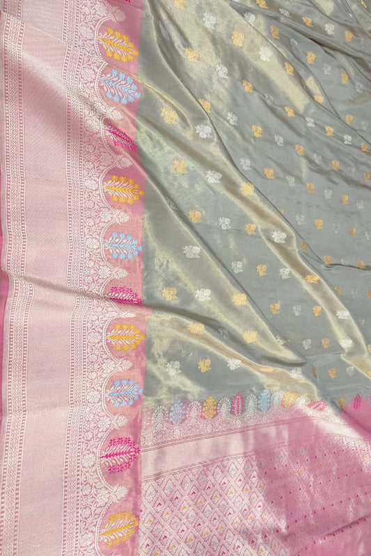 Elegant Grey Handloom Banarasi Pure Tissue Silk Saree With Meenakari Border