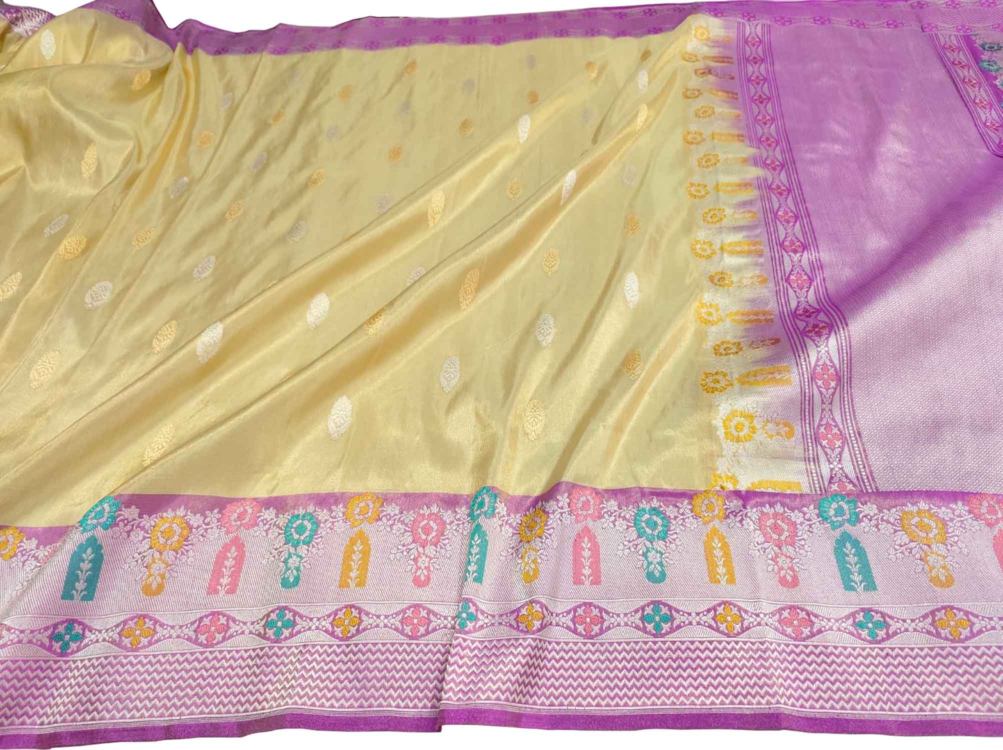 Yellow Handloom Banarasi Pure Tissue Silk Saree With Meenakari Border - Luxurion World
