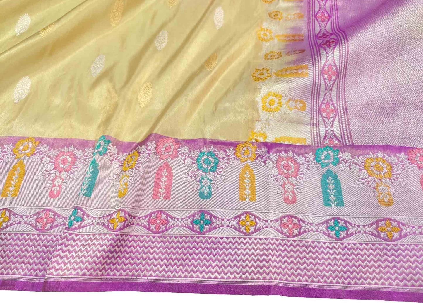 Yellow Handloom Banarasi Pure Tissue Silk Saree With Meenakari Border - Luxurion World