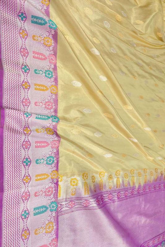 Yellow Handloom Banarasi Pure Tissue Silk Saree With Meenakari Border - Luxurion World