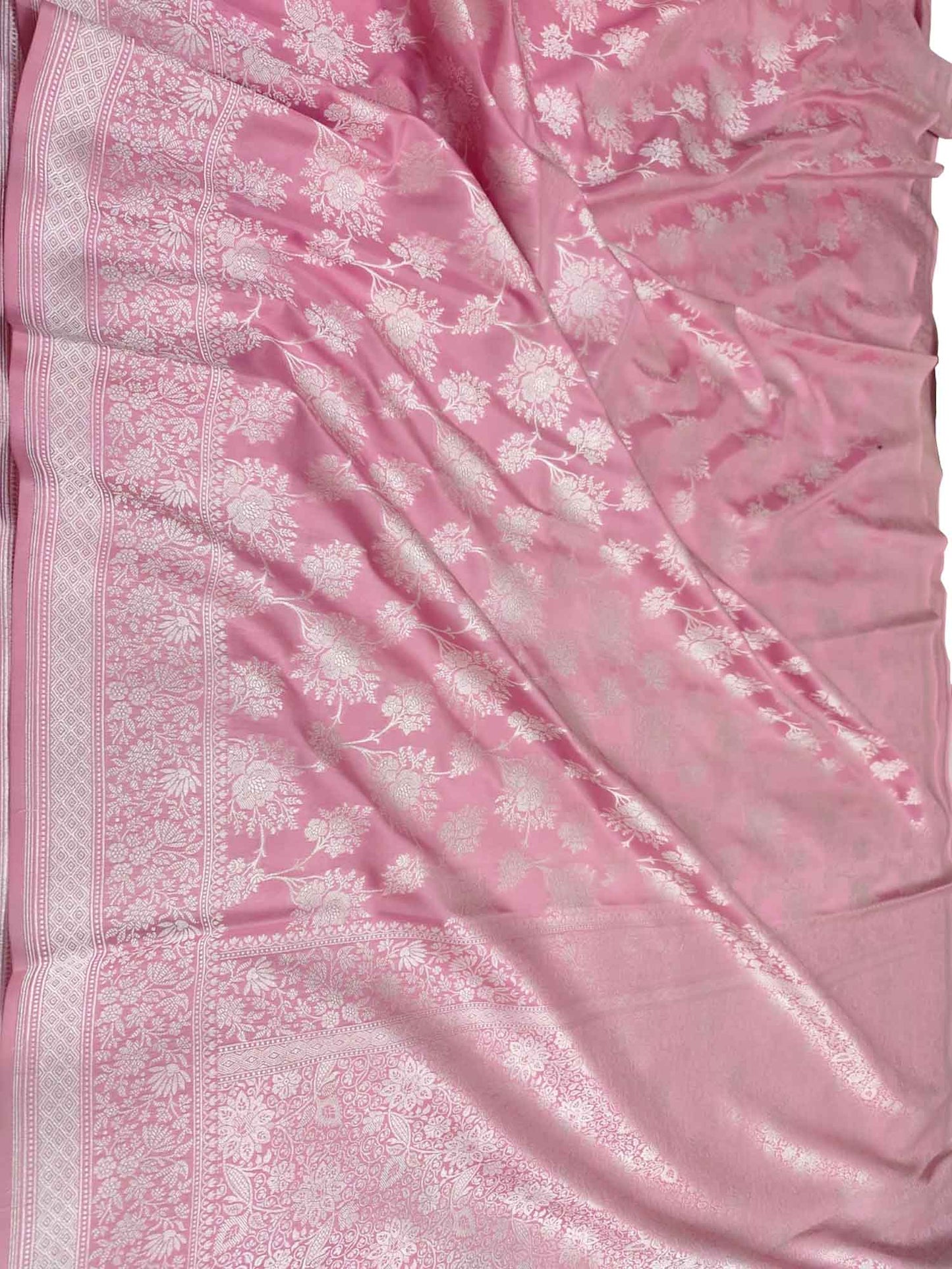 Elegant Pink Banarasi Silk Saree with Silver Zari - Luxurion World