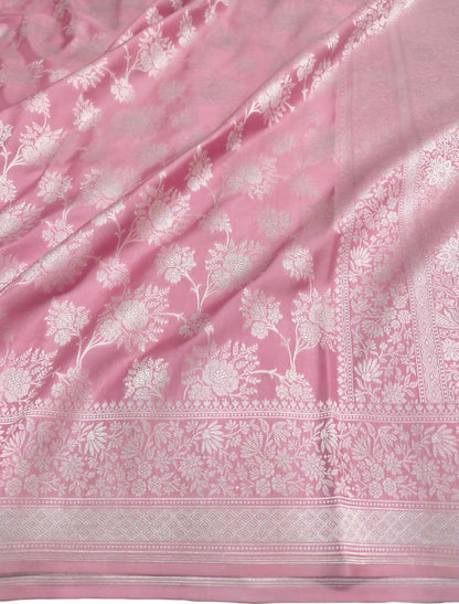 Elegant Pink Banarasi Silk Saree with Silver Zari - Luxurion World