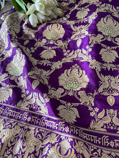 Elegant Purple Banarasi Pure Katan Silk Kadwa Jangla Saubhagyavati Bhava Saree - Luxurion World