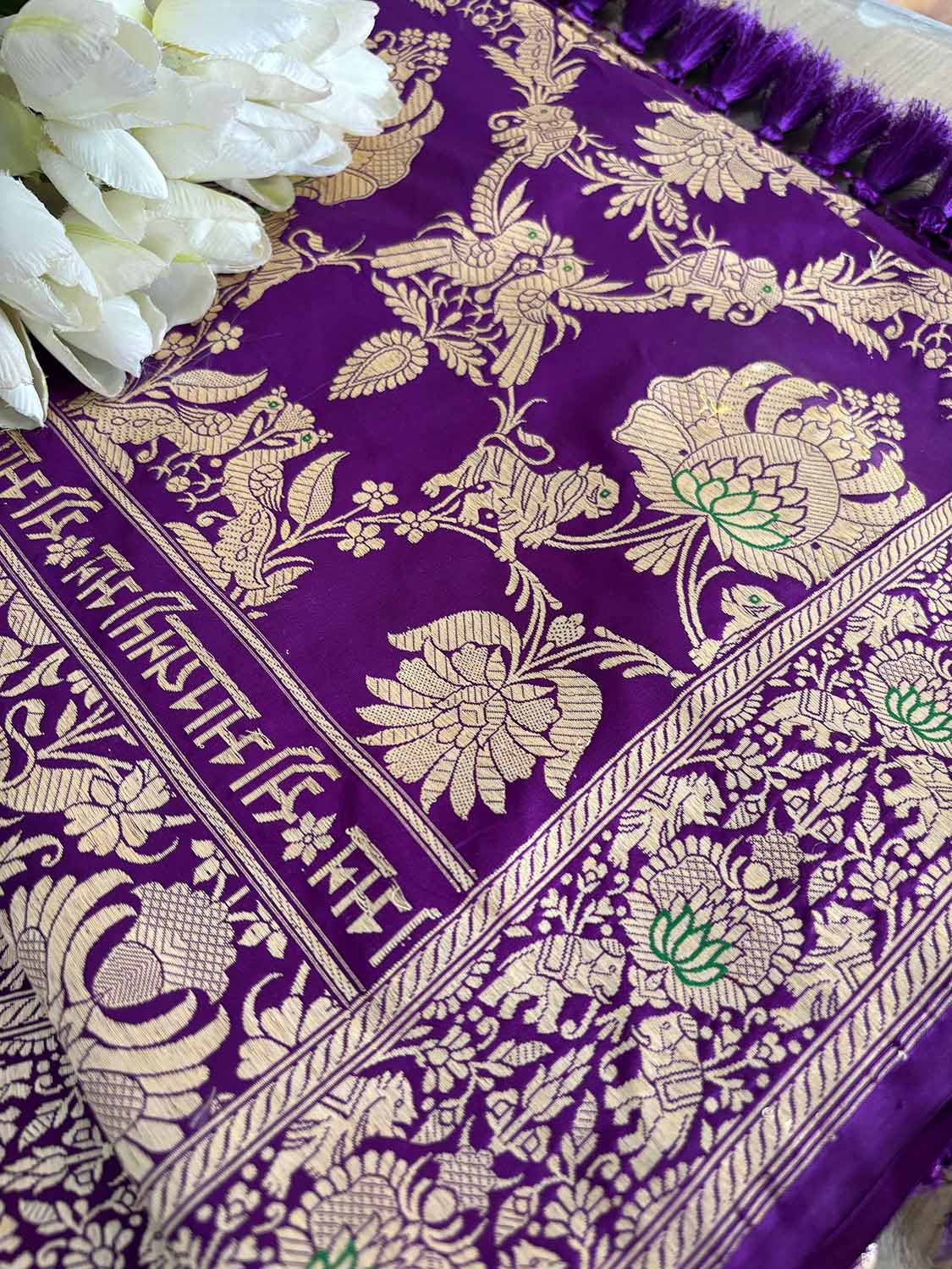 Elegant Purple Banarasi Pure Katan Silk Kadwa Jangla Saubhagyavati Bhava Saree - Luxurion World
