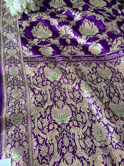 Elegant Purple Banarasi Pure Katan Silk Kadwa Jangla Saubhagyavati Bhava Saree - Luxurion World