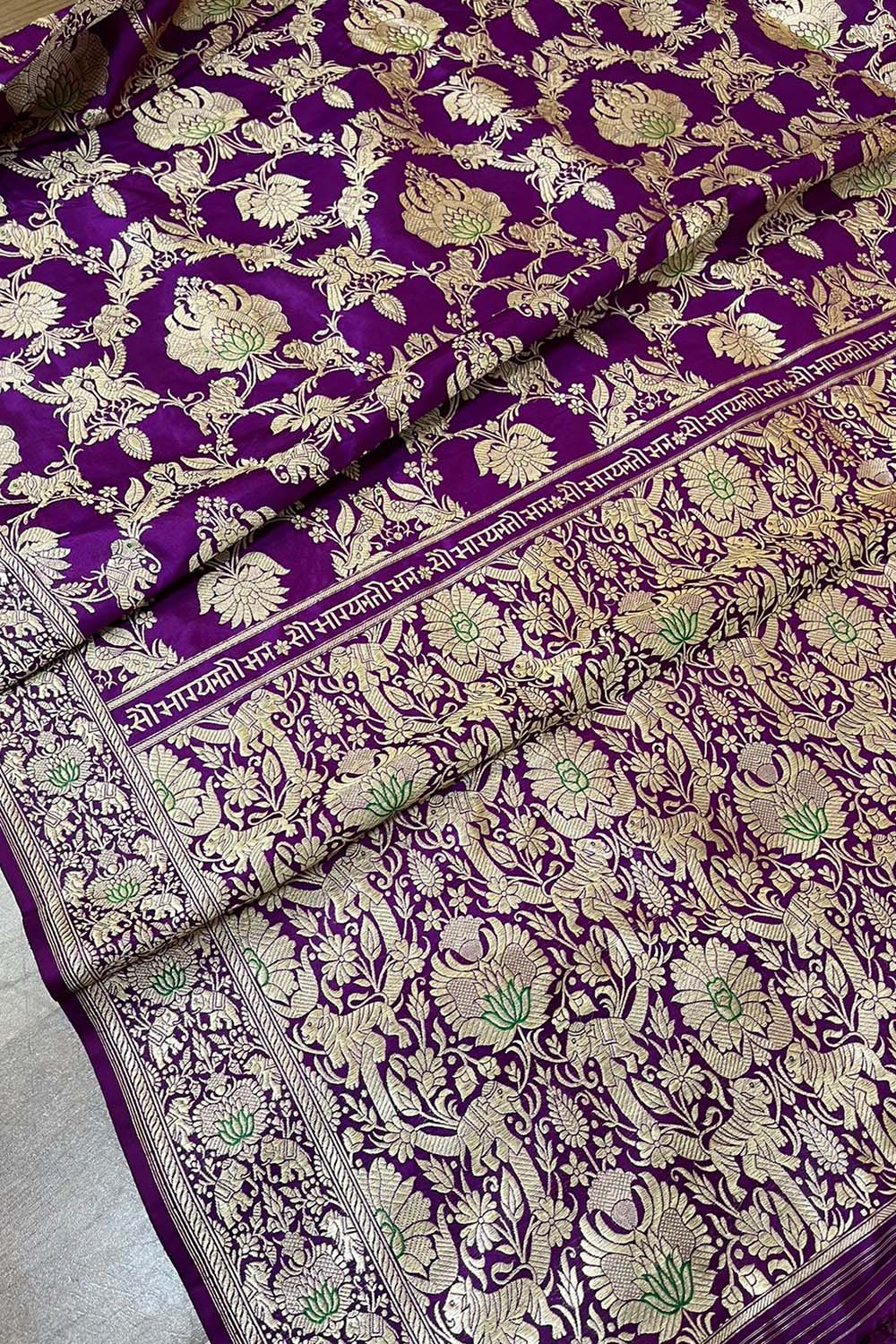 Elegant Purple Banarasi Pure Katan Silk Kadwa Jangla Saubhagyavati Bhava Saree - Luxurion World
