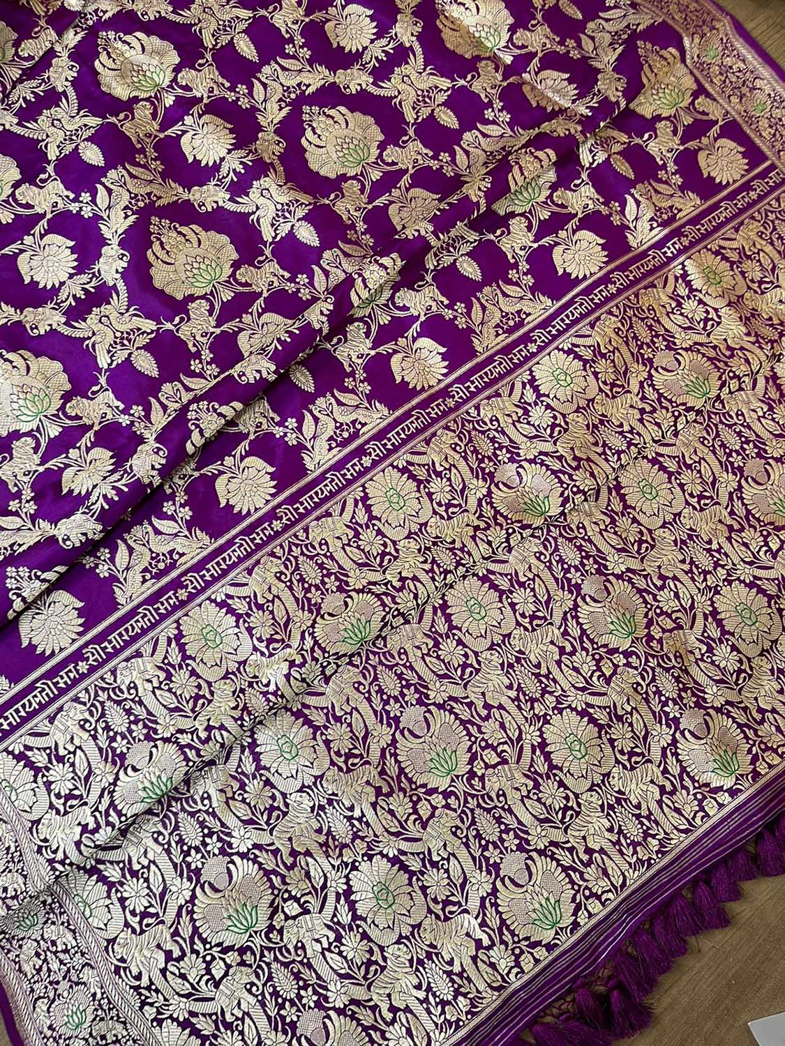 Elegant Purple Banarasi Pure Katan Silk Kadwa Jangla Saubhagyavati Bhava Saree - Luxurion World