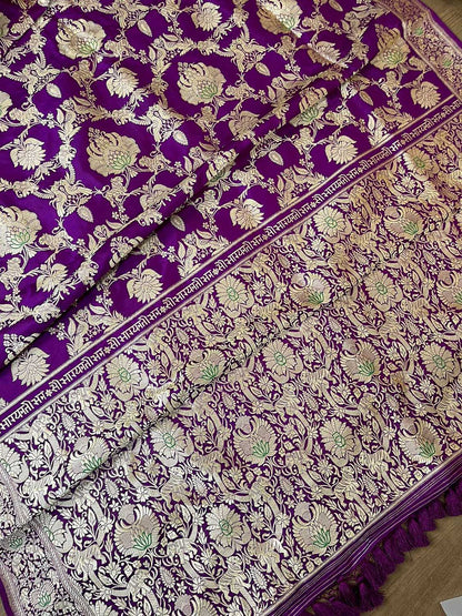 Elegant Purple Banarasi Pure Katan Silk Kadwa Jangla Saubhagyavati Bhava Saree - Luxurion World