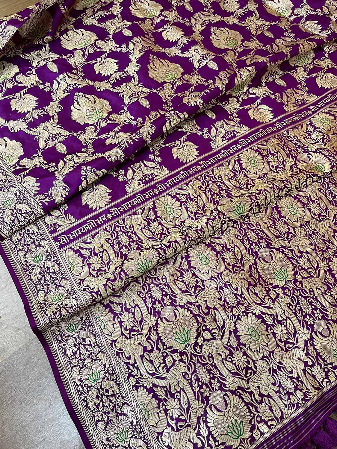 Elegant Purple Banarasi Pure Katan Silk Kadwa Jangla Saubhagyavati Bhava Saree - Luxurion World