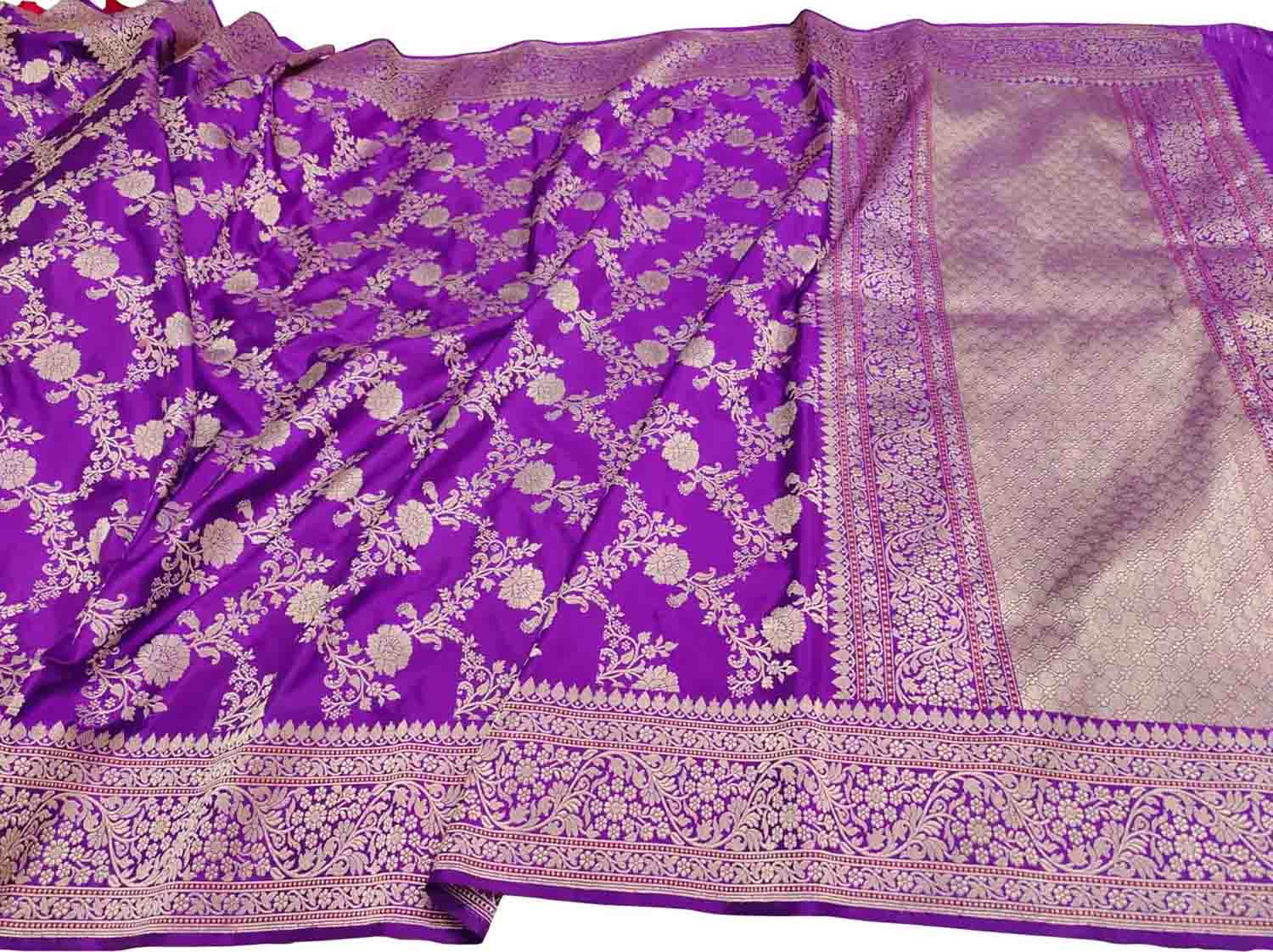 Elegant Purple Banarasi Handloom Pure Katan Silk Kadwa Jangla Saree - Luxurion World