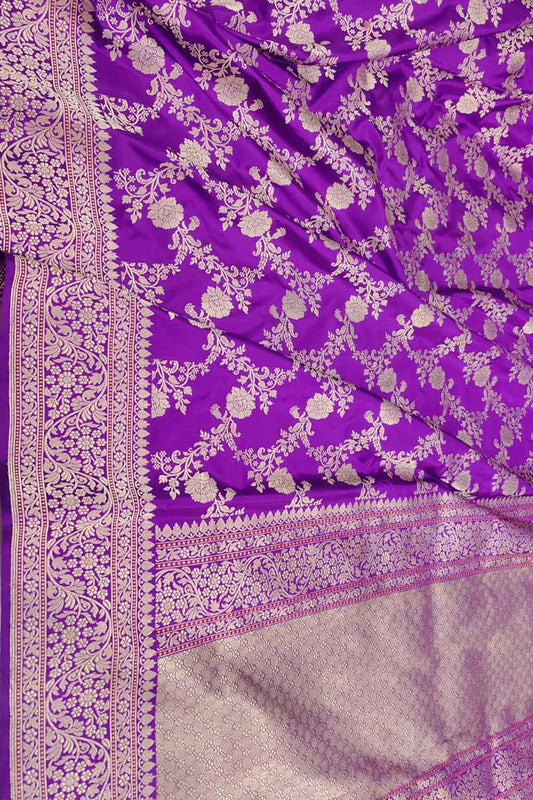 Elegant Purple Banarasi Handloom Pure Katan Silk Kadwa Jangla Saree - Luxurion World