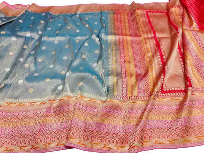 Exquisite  Blue Banarasi Handloom Pure Tissue Silk Saree with Katan Silk Border - Luxurion World