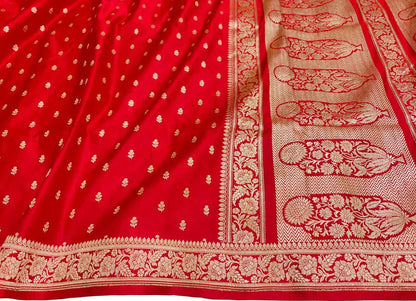 Red Banarasi Handloom Pure Satin Silk Booti Design Saree - Luxurion World