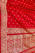 Red Banarasi Handloom Pure Satin Silk Booti Design Saree - Luxurion World