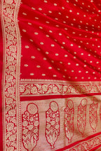 Red Banarasi Handloom Pure Satin Silk Booti Design Saree - Luxurion World